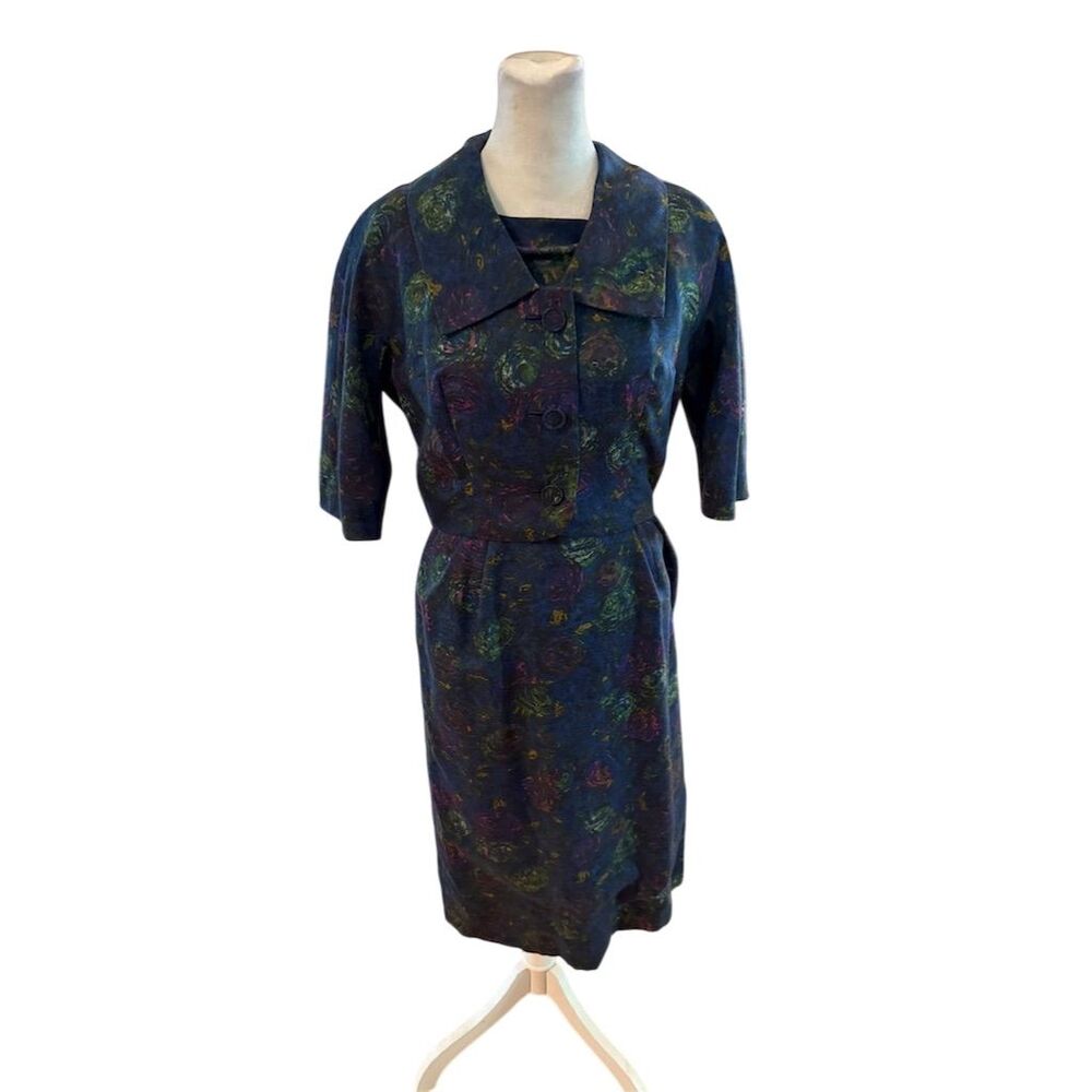 Rose Web New York Women's Vintage 1940s Skirt Suit M Blue/Green Swirl Pattern